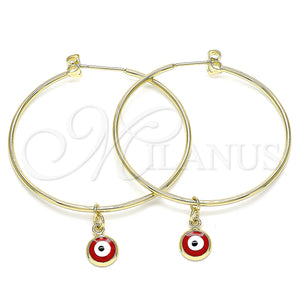 Gold Filled Hoop Earrings — Medium Hoop Evil Eye Design Red Enamel 02. — main product view — SKU 141939 | Oro Laminado aretes de aro — Medium Hoop Evil Eye diseño Red Enamel 02. — SKU 141939