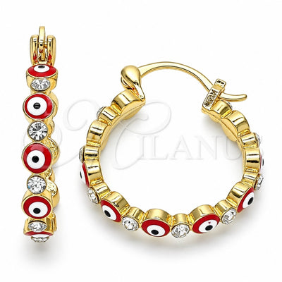 Oro Laminado Small Hoop, Gold Filled Style Evil Eye Design, with White Crystal, Red Enamel Finish, Golden Finish, 02.213.0223.25