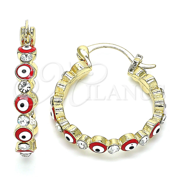 Gold Filled Hoop Earrings — Small Hoop Evil Eye Design with White Crystal — main product view — SKU 141944 | Oro Laminado aretes de aro — Small Hoop Evil Eye diseño with cristal blanco — SKU 141944