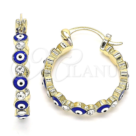 Oro Laminado Small Hoop, Gold Filled Style Evil Eye Design, with White Crystal, Blue Enamel Finish, Golden Finish, 02.213.0223.1.25