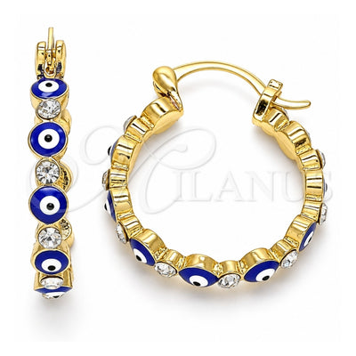 Oro Laminado Small Hoop, Gold Filled Style Evil Eye Design, with White Crystal, Blue Enamel Finish, Golden Finish, 02.213.0223.1.25