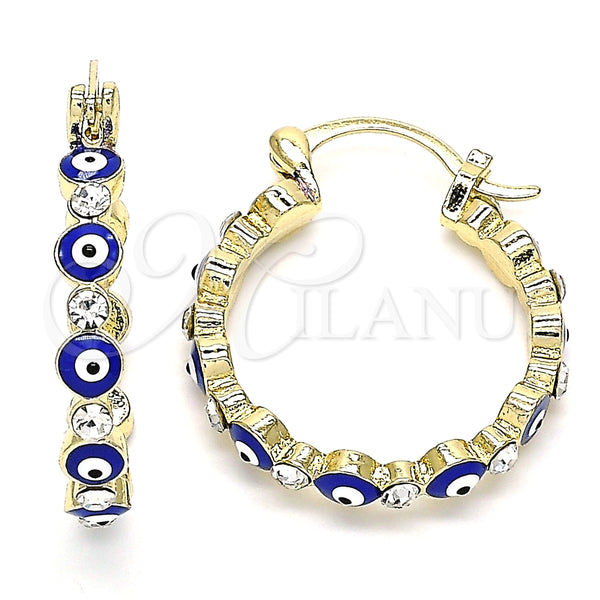 Oro Laminado Small Hoop, Gold Filled Style Evil Eye Design, with White Crystal, Blue Enamel Finish, Golden Finish, 02.213.0223.1.25