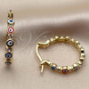 Oro Laminado Small Hoop, Gold Filled Style Evil Eye Design, with White Crystal, Multicolor Enamel Finish, Golden Finish, 02.213.0223.2.25
