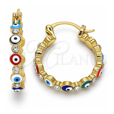 Oro Laminado Small Hoop, Gold Filled Style Evil Eye Design, with White Crystal, Multicolor Enamel Finish, Golden Finish, 02.213.0223.2.25