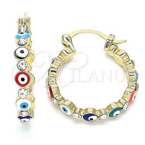 Gold Filled Hoop Earrings — Small Hoop Evil Eye Design with White Crystal — main product view — SKU 141946 | Oro Laminado aretes de aro — Small Hoop Evil Eye diseño with cristal blanco — SKU 141946