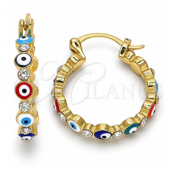 Oro Laminado Small Hoop, Gold Filled Style Evil Eye Design, with White Crystal, Multicolor Enamel Finish, Golden Finish, 02.213.0223.2.25