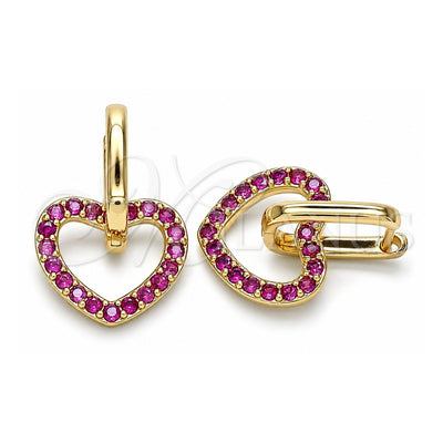 Oro Laminado Huggie Hoop, Gold Filled Style Heart Design, with Ruby Cubic Zirconia, Polished, Golden Finish, 02.210.0485.1.12