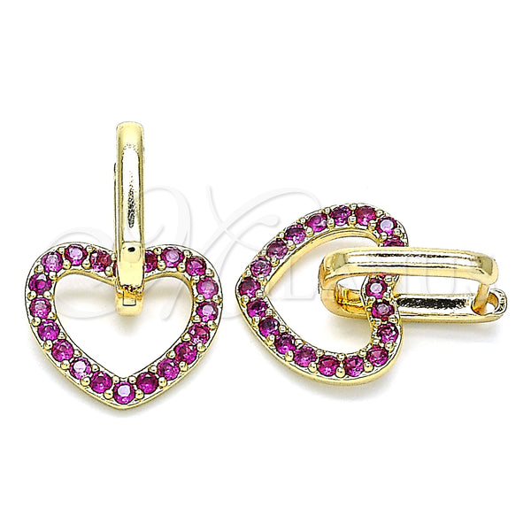 Gold Filled Hoop Earrings — Huggie Hoop Heart Design with Ruby Cubic Zirconia — main product view — SKU 141951 | Oro Laminado aretes de aro — Huggie Hoop corazón diseño with Ruby Cubic Zirconia — SKU 141951