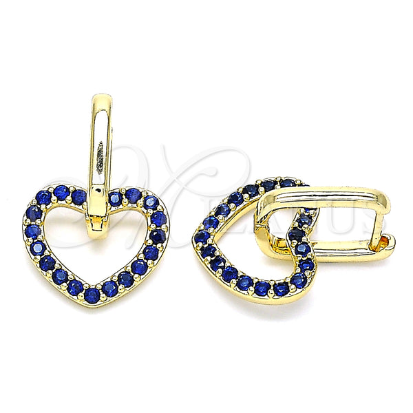 Gold Filled Hoop Earrings — Huggie Hoop Heart Design with Sapphire Blue Cubic — main product view — SKU 141952 | Oro Laminado aretes de aro — Huggie Hoop corazón diseño with Sapphire Blue Cubic — SKU 141952