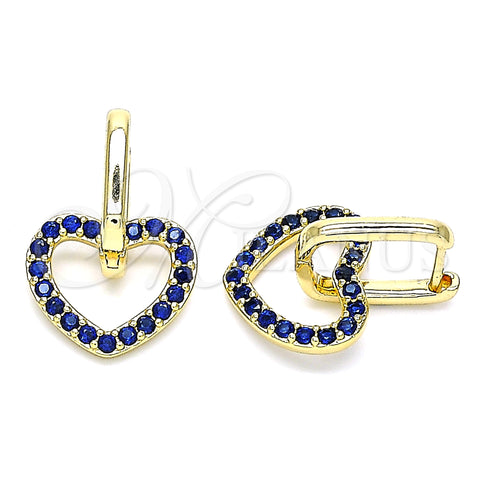 Oro Laminado Huggie Hoop, Gold Filled Style Heart Design, with Sapphire Blue Cubic Zirconia, Polished, Golden Finish, 02.210.0485.2.12