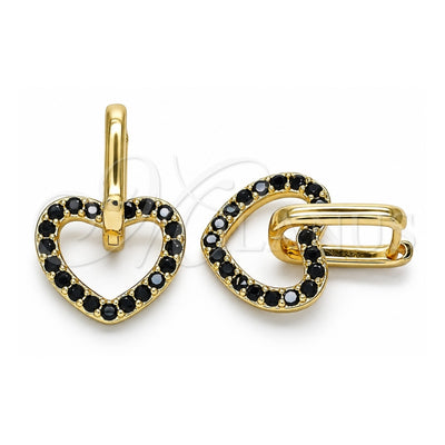 Oro Laminado Huggie Hoop, Gold Filled Style Heart Design, with Black Cubic Zirconia, Polished, Golden Finish, 02.210.0485.3.12