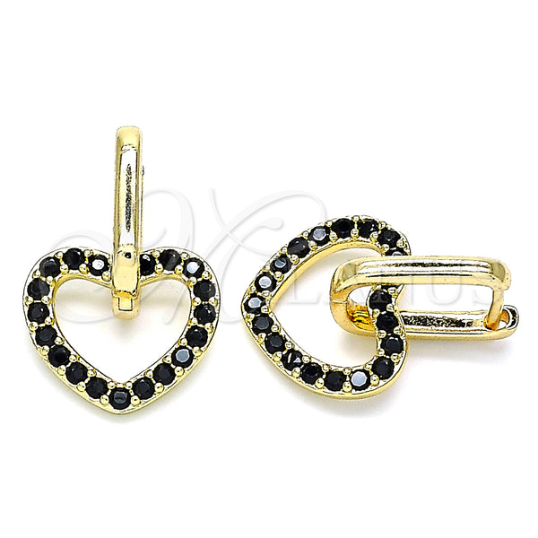 Gold Filled Hoop Earrings — Huggie Hoop Heart Design with Black Cubic Zirconia — main product view — SKU 141953 | Oro Laminado aretes de aro — Huggie Hoop corazón diseño with negro Cubic Zirconia — SKU 141953