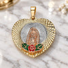 Oro Laminado Religious Pendant, Gold Filled Style Guadalupe and Flower Design, Multicolor Enamel Finish, Tricolor, 05.380.0099
