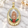 Oro Laminado Religious Pendant, Gold Filled Style Guadalupe and Flower Design, Multicolor Enamel Finish, Tricolor, 05.380.0100