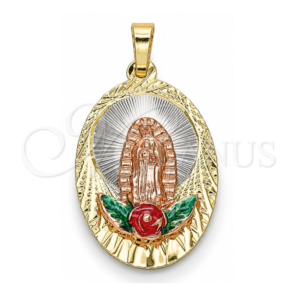 Oro Laminado Religious Pendant, Gold Filled Style Guadalupe and Flower Design, Multicolor Enamel Finish, Tricolor, 05.380.0100