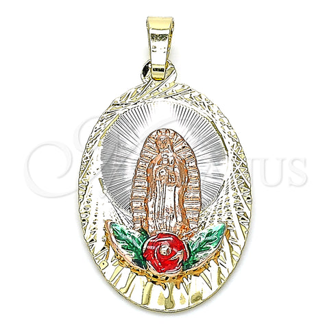 Oro Laminado Religious Pendant, Gold Filled Style Guadalupe and Flower Design, Multicolor Enamel Finish, Tricolor, 05.380.0100