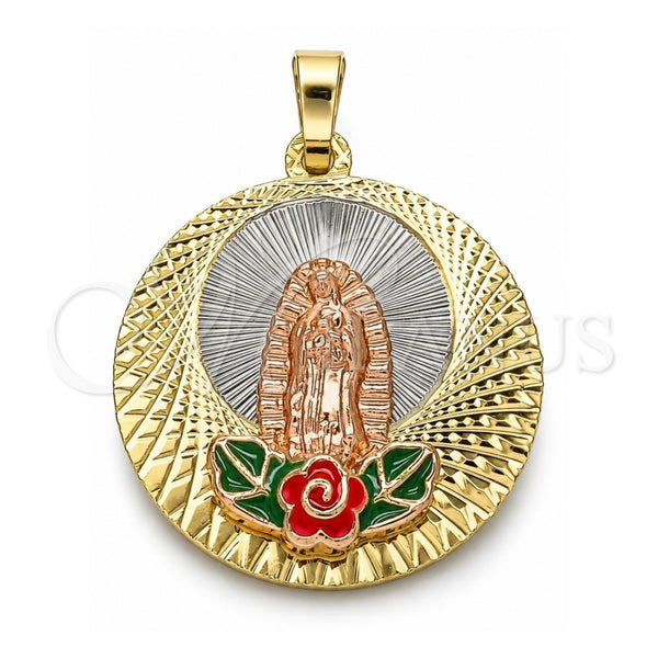 Oro Laminado Religious Pendant, Gold Filled Style Guadalupe and Flower Design, Multicolor Enamel Finish, Tricolor, 05.380.0101