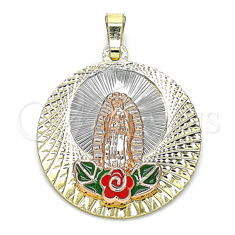 Oro Laminado Religious Pendant, Gold Filled Style Guadalupe and Flower Design, Multicolor Enamel Finish, Tricolor, 05.380.0101