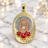 Oro Laminado Religious Pendant, Gold Filled Style Guadalupe and Flower Design, Red Enamel Finish, Tricolor, 05.380.0102