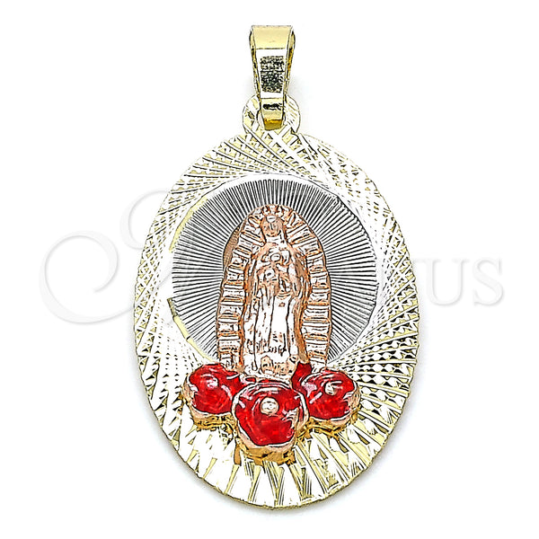 Gold Filled Pendant — Religious Pendant Guadalupe and Flower Design Red Enamel — main product view — SKU 141963 | Oro Laminado dije — Religious Pendant Guadalupe and flor diseño Red Enamel — SKU 141963