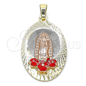 Gold Filled Pendant — Religious Pendant Guadalupe and Flower Design Red Enamel — main product view — SKU 141963 | Oro Laminado dije — Religious Pendant Guadalupe and flor diseño Red Enamel — SKU 141963