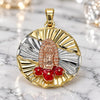 Oro Laminado Religious Pendant, Gold Filled Style Guadalupe and Flower Design, Red Enamel Finish, Tricolor, 05.380.0103