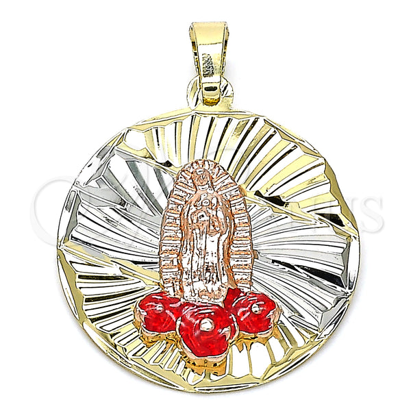 Gold Filled Pendant — Religious Pendant Guadalupe and Flower Design Red Enamel — main product view — SKU 141964 | Oro Laminado dije — Religious Pendant Guadalupe and flor diseño Red Enamel — SKU 141964
