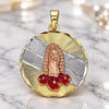 Oro Laminado Religious Pendant, Gold Filled Style Guadalupe and Flower Design, Red Enamel Finish, Tricolor, 05.380.0105