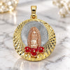 Oro Laminado Religious Pendant, Gold Filled Style Guadalupe and Flower Design, Red Enamel Finish, Tricolor, 05.380.0106