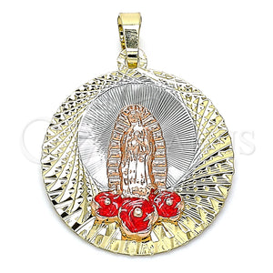 Gold Filled Pendant — Religious Pendant Guadalupe and Flower Design Red Enamel — main product view — SKU 141968 | Oro Laminado dije — Religious Pendant Guadalupe and flor diseño Red Enamel — SKU 141968