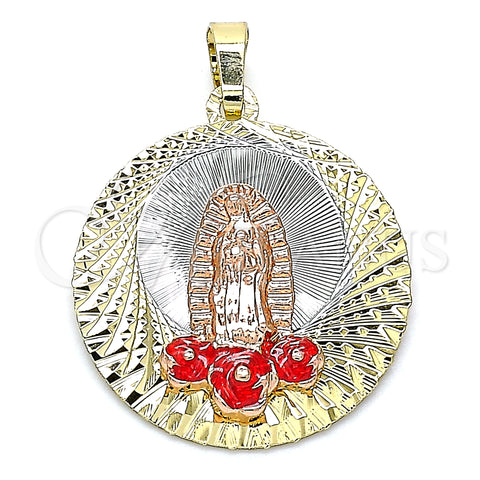 Oro Laminado Religious Pendant, Gold Filled Style Guadalupe and Flower Design, Red Enamel Finish, Tricolor, 05.380.0106