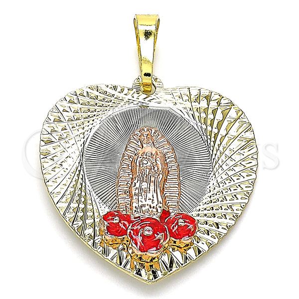 Gold Filled Pendant — Religious Pendant Guadalupe and Flower Design Red Enamel — main product view — SKU 141969 | Oro Laminado dije — Religious Pendant Guadalupe and flor diseño Red Enamel — SKU 141969