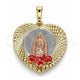 Oro Laminado Religious Pendant, Gold Filled Style Guadalupe and Flower Design, Red Enamel Finish, Tricolor, 05.380.0107