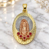Oro Laminado Religious Pendant, Gold Filled Style Guadalupe and Flower Design, with Garnet Crystal, Diamond Cutting Finish, Tricolor, 05.380.0108