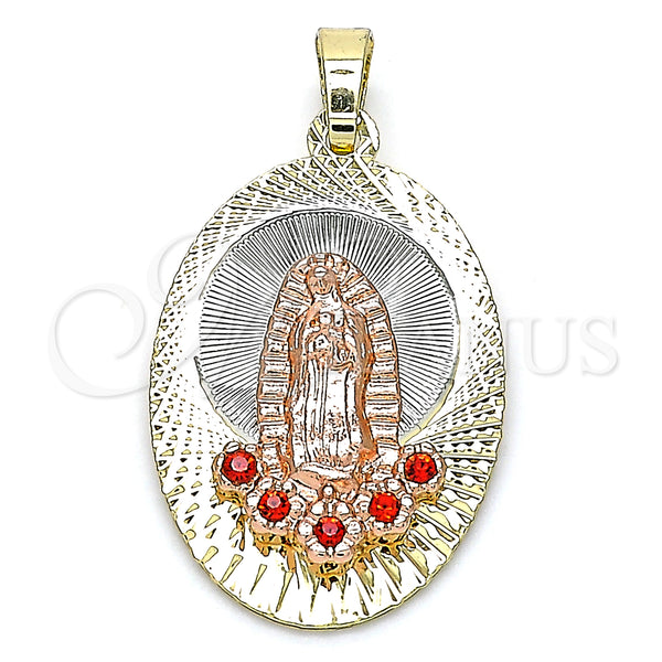 Gold Filled Pendant — Religious Pendant Guadalupe and Flower Design with Garnet — main product view — SKU 141970 | Oro Laminado dije — Religious Pendant Guadalupe and flor diseño with Garnet — SKU 141970
