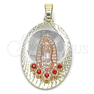 Gold Filled Pendant — Religious Pendant Guadalupe and Flower Design with Garnet — main product view — SKU 141970 | Oro Laminado dije — Religious Pendant Guadalupe and flor diseño with Garnet — SKU 141970