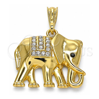 Oro Laminado Fancy Pendant, Gold Filled Style Elephant Design, with White and Black Crystal, Polished, Golden Finish, 05.380.0114