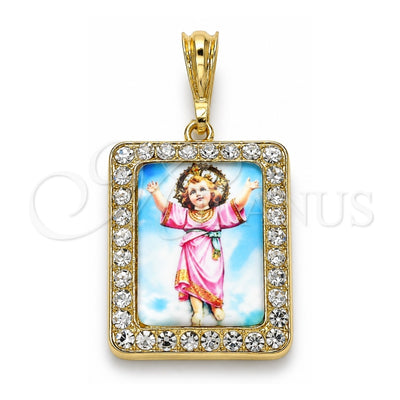 Oro Laminado Religious Pendant, Gold Filled Style Divino NiÃ±o Design, with White Crystal, Polished, Golden Finish, 05.380.0116