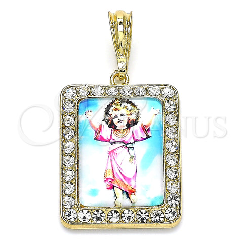 Oro Laminado Religious Pendant, Gold Filled Style Divino NiÃ±o Design, with White Crystal, Polished, Golden Finish, 05.380.0116