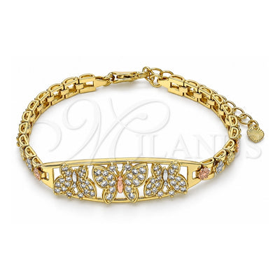 Oro Laminado Fancy Bracelet, Gold Filled Style Butterfly and Flower Design, with White Cubic Zirconia, Polished, Tricolor, 03.380.0089.1.07 (06 MM Thickness, 7 Inches Length)