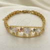 Oro Laminado Fancy Bracelet, Gold Filled Style Elephant and Flower Design, with White and Black Cubic Zirconia, Polished, Tricolor, 03.380.0096.07 (06 MM Thickness, 7 Inches Length)