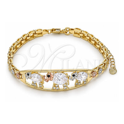 Oro Laminado Fancy Bracelet, Gold Filled Style Elephant and Flower Design, with White and Black Cubic Zirconia, Polished, Tricolor, 03.380.0096.07 (06 MM Thickness, 7 Inches Length)