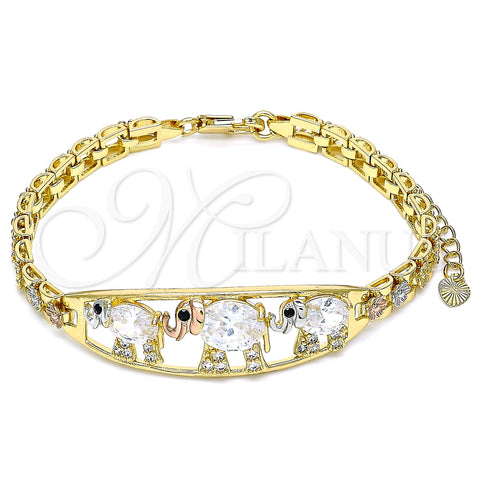 Oro Laminado Fancy Bracelet, Gold Filled Style Elephant and Flower Design, with White and Black Cubic Zirconia, Polished, Tricolor, 03.380.0096.07 (06 MM Thickness, 7 Inches Length)