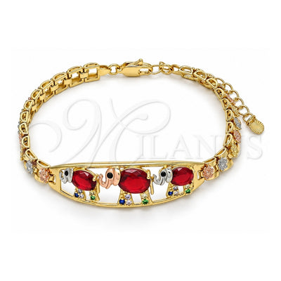 Oro Laminado Fancy Bracelet, Gold Filled Style Elephant and Flower Design, with Garnet and Black Cubic Zirconia, Polished, Tricolor, 03.380.0096.1.07 (06 MM Thickness, 7 Inches Length)