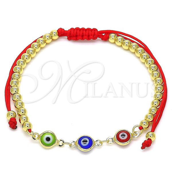 Oro Laminado Adjustable Bolo Bracelet, Gold Filled Style Evil Eye and Ball Design, Multicolor Resin Finish, Golden Finish, 03.63.2213.3.11 (04 MM Thickness, 11 Inches Length)