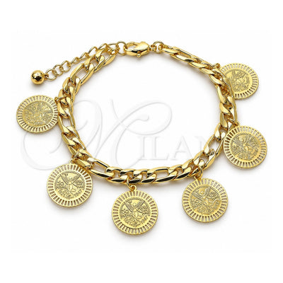 Oro Laminado Charm Bracelet, Gold Filled Style Angel and Centenario Coin Design, Polished, Golden Finish, 03.331.0138.08 (07 MM Thickness, 8 Inches Length)