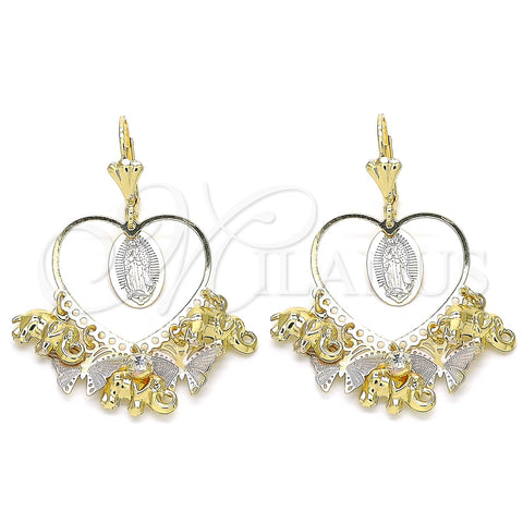 Oro Laminado Long Earring, Gold Filled Style Guadalupe and Butterfly Design, with White Crystal, Polished, Tricolor, 02.331.0039