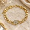 Oro Laminado Fancy Bracelet, Gold Filled Style Judaica and Star of David Design, with White Micro Pave, Polished, Golden Finish, 03.341.0131.07 (06 MM Thickness, 7 Inches Length)