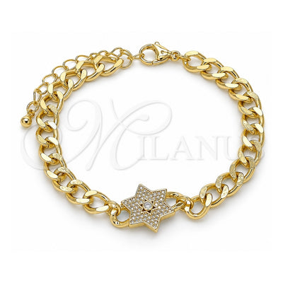 Oro Laminado Fancy Bracelet, Gold Filled Style Judaica and Star of David Design, with White Micro Pave, Polished, Golden Finish, 03.341.0131.07 (06 MM Thickness, 7 Inches Length)