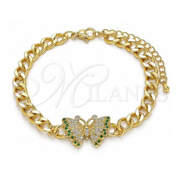Oro Laminado Fancy Bracelet, Gold Filled Style Butterfly Design, with White Crystal and Green Micro Pave, Polished, Golden Finish, 03.341.0133.07 (06 MM Thickness, 7 Inches Length)